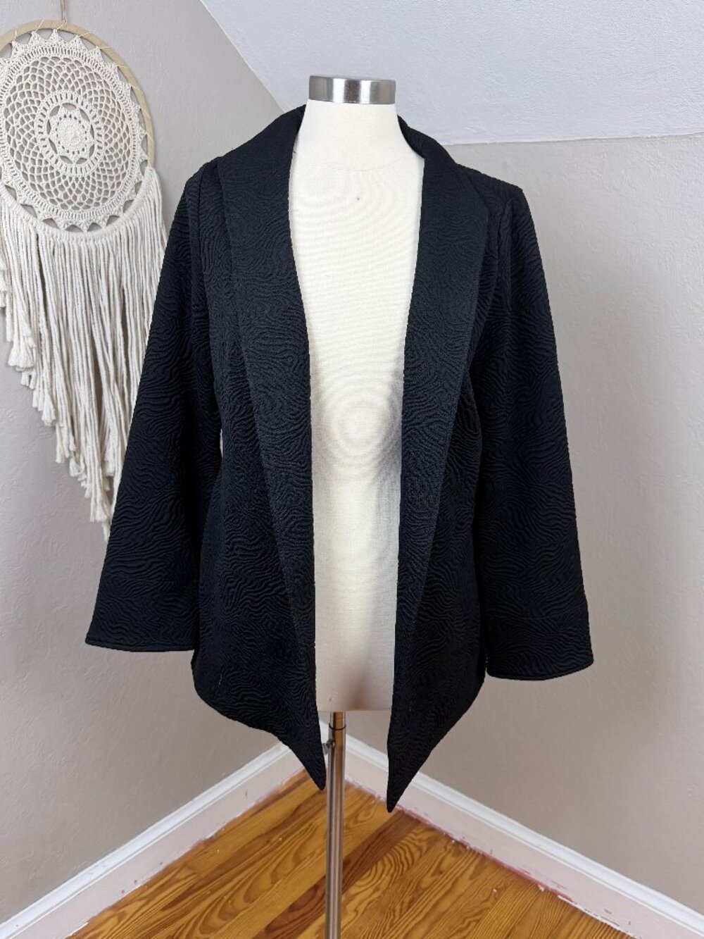 Chico's | Black Textured Knit Open Front Long Jacket Wavy Matelasse Blazer Sz L